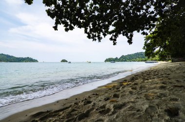 güneşli bir gün, tropik ada beach yakınındaki ağaç gölgelik altında deniz manzaralı
