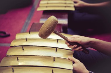 geleneksel Malay müzik aleti, sahnede bambu perküsyon performans kırpılmış görüntü lise çocuk. 