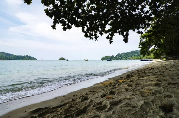 güneşli bir gün, tropik ada beach yakınındaki ağaç gölgelik altında deniz manzaralı
