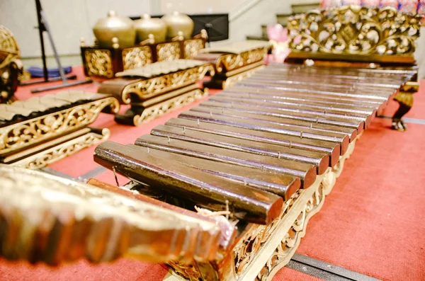 Traditional malay music instrument, bamboo percussion and gamelan orchestra on stage