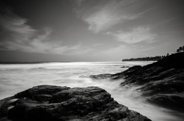 vahşi tropik ada ve kayalık deniz kıyısında parlak güneşli bir günde altında siyah beyaz resim.