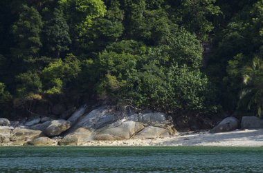 Vahşi tropik sahil şeridine yemyeşil bitki örtüsü, beyaz kumlu ve kayalık plaj