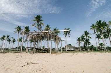 Güzel tropikal plaj ve mavi gökyüzü arka plan