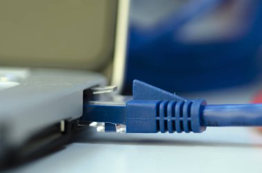 Dizüstü bilgisayar ağ kavramı için Lan bağlantı noktasına bağlanmış Closeup ethernet kablosu