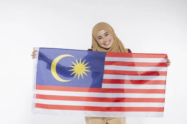 Молодий Малайзійський Цивільний Щасливим Обличчям Святкує Незалежний День Рука Тримає — стокове фото