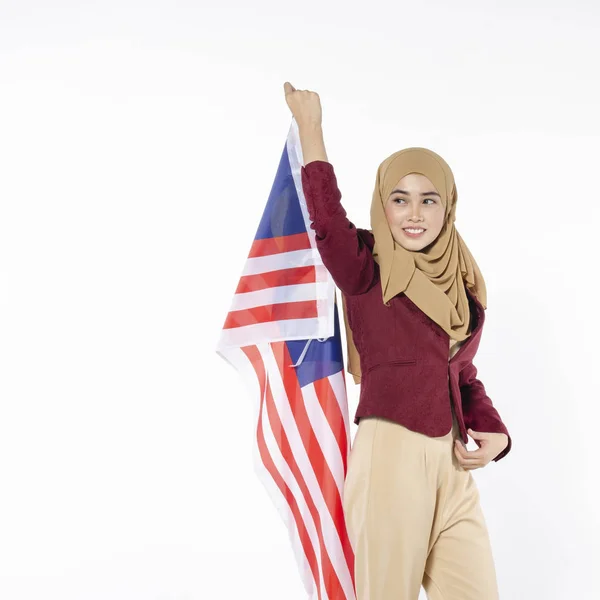 Jovem Civil Malaio Com Cara Feliz Celebrando Dia Independente Mão — Fotografia de Stock