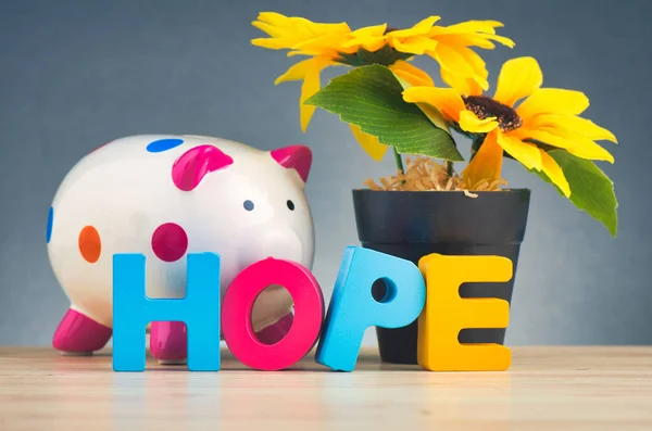 HOPE word made from wooden letter and piggy bank on desk over gently lit dark background — Stock Photo, Image