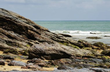 güneşli bir günde tropik kumlu plaj.mavi gökyüzü ve torquise deniz suyu.