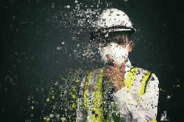 Confident expression of young supervisor or engineer wearing white helmet and face mask dispersing into pixels effect