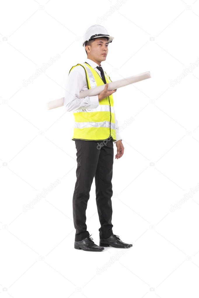 young architect or engineer holding drawing paper on white background