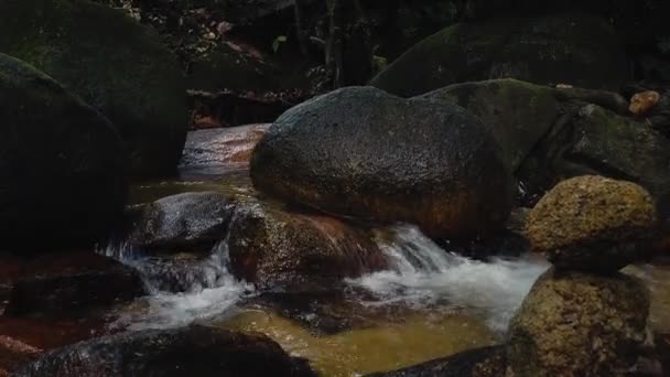 Närbild Film Flod Forsar Som Rinner Genom Mossy Rock — Stockvideo