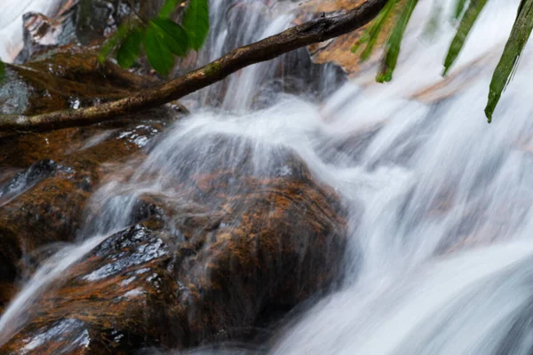 Closeup Shot Waterfall Stream Flowing Tropical Rainforest Wet Moss Covering — Stock Photo, Image