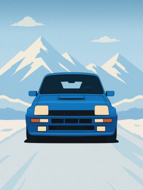 Renault 5 Turbo 'nun mavi renkli, arka planda karlı dağlarla ön görüntüsü.