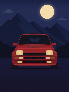 Renault 5 Turbo 'nun gece vakti kırmızı renkte, dağ manzaralı ve parlayan dolunaylı eski düz çizimi..
