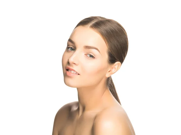Hovedskud Ung Smuk Kvinde Ren Naturligt Smukke Ansigt Isoleret Hvid - Stock-foto