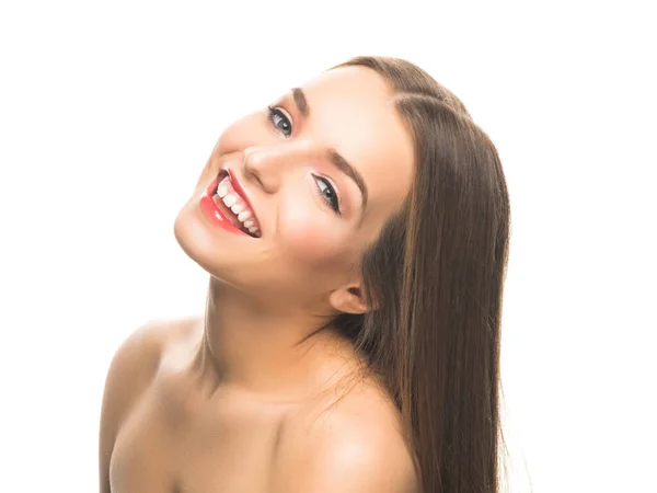 Jong Mooi Model Met Glanzende Huid Gooien Achterhoofd Glimlachen Camera — Stockfoto