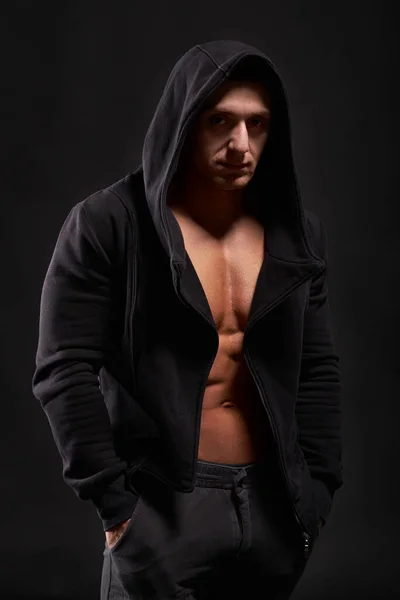 Bodybuilder Standing Black Hoodie Studio Shot Isolated — Stock Photo, Image