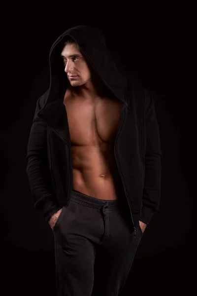 Bodybuilder Standing Black Hoodie Studio Shot Isolated — Stock Photo, Image