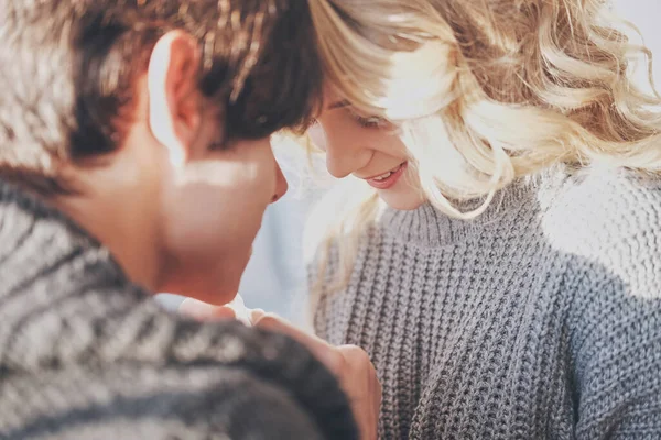 Attractive man and woman in the bedroom together cuddling cute — Stock Photo, Image