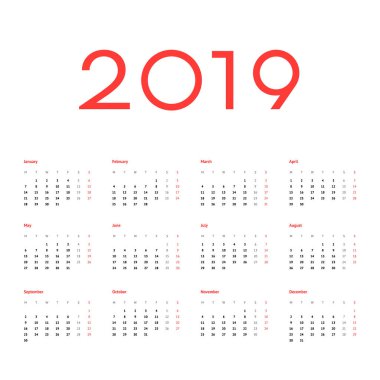 2019 takvimi şablonunu izole arka plan üzerinde