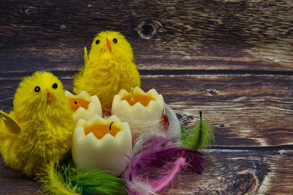 Wielkanoc Dekoracyjnych Kompozycji Żółte Kurczaki Świece Kształcie Jajka Kolorowych Piór — Zdjęcie stockowe