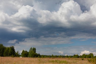 Bulutlu doğal manzara alanı. Sıcak bir yaz gününde kümülüs bulutları. Uzakta ormanı olan açık bir alan..