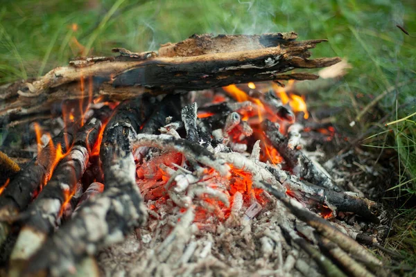 Ogień rozpala się w naturze. Ognisko turystyczne. — Zdjęcie stockowe