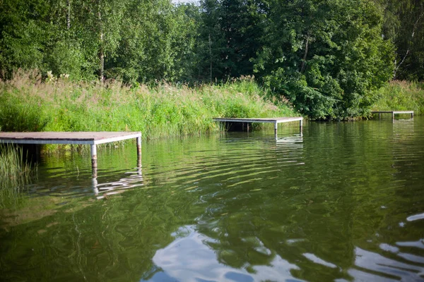 Molo sul lago. Piattaforma in legno sulla riva dello stagno. — Foto Stock
