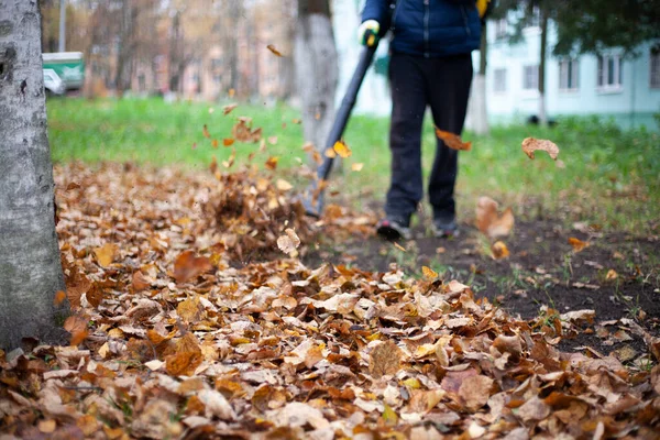 Laub im Garten reinigen. Der Gärtner schürt das Laub. — Stockfoto