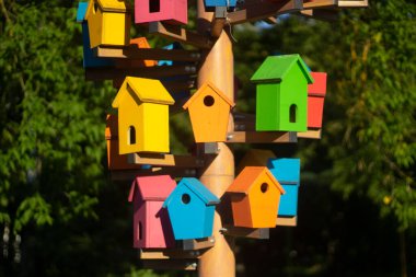 Kuş evleri. Caddedeki renkli kuş evleri.
