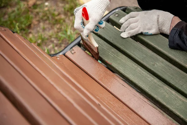 Parktaki bank kahverengiye boyanmış..