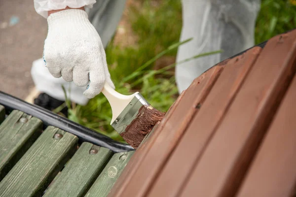 Parktaki bank kahverengiye boyanmış..