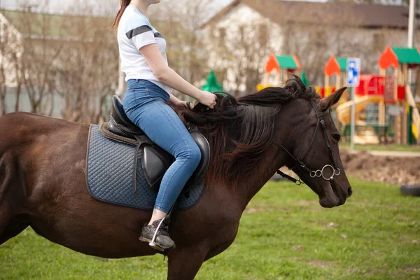 A menina está montando um cavalo. — Fotografia de Stock