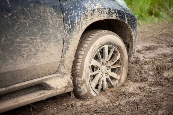 De wielen van de auto zitten vast in de modder. Off-road rijden. — Stockfoto