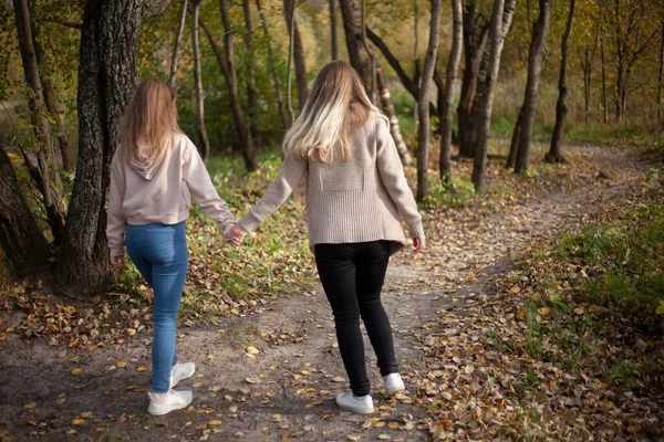 Flickorna håller varandra i handen och går genom skogen. Flickvänner på promenad i parken på hösten. — Stockfoto