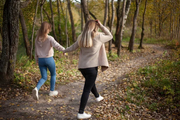 Девочки держатся за руки и идут через лес. Девушки на прогулке в парке осенью. — стоковое фото