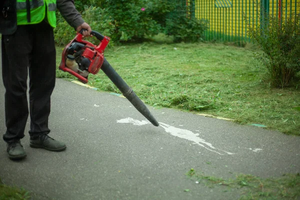 Tukang kebun membersihkan jalan di taman ini. Pengungkap Daun. — Stok Foto