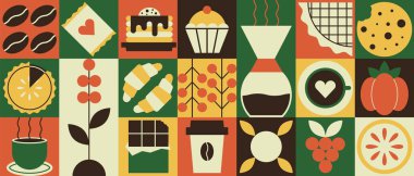 Geometrik kahve arka planı. Kahve çekirdeği fırınının soyut şablonu basit şekiller içer, yemek paketi kapağı tasarımı, kahve dükkanı menüsü konsepti. Vektör asgari pankartı.