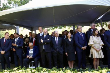 11 Eylül 2025, New York, ABD: (I-r) Andrew Giuliani, New York eski belediye başkanı ve FBI başkanı, Kash Patel 'in oğlu, eski New York belediye başkanı, Rudy Giuliani, Howard Lutnick. (niyi fote\ theenews2)