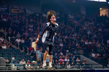 September 19, 2025, Elmont, New York, USA: PBR entertainer Danger Dave Whitmoyer performs during the New York Mavericks; PBR Camping World Team Series, Maverick Days event (m10s / thenews2)