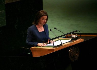 Filistin Sorununun Barışçıl Çözümlenmesi ve İki Devletin Çözümünün Uygulanması İçin Üst Düzey Uluslararası Konferans. 22 Eylül 2025, New York, ABD: Tanja Fajon, Başbakan Yardımcısı ve Dışişleri Bakanı