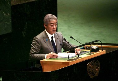 Filistin Sorununun Barışçıl Çözümlenmesi ve İki Devletin Çözümünün Uygulanması İçin Üst Düzey Uluslararası Konferans. 22 Eylül 2025, New York, ABD: Iwaya Takeshi, Japonya Dışişleri Bakanı (niyi fote / theenews2)