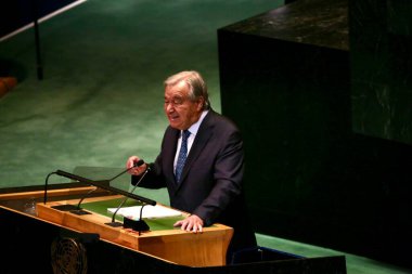 23 Eylül 2025, New York, ABD: BM Genel Sekreteri Antonio Guterres, New York 'taki BM karargahında gerçekleşen UNGA 80 Genel Kurul Toplantısında konuşma yaptı (niyi fote / thews2)