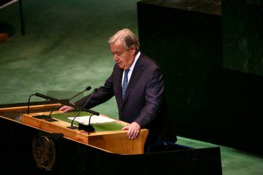 23 Eylül 2025, New York, ABD: BM Genel Sekreteri Antonio Guterres, New York 'taki BM karargahında gerçekleşen UNGA 80 Genel Kurul Toplantısında konuşma yaptı (niyi fote / thews2)