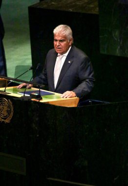 24 Eylül 2025, New York, ABD: Panama Başkanı Jose Raul Mulino Quintero, New York 'taki BM genel merkezinde gerçekleşen UNGA 80 Genel Kurul Toplantısında konuşma yaptı (niyi fote / thews2)