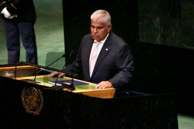 24 Eylül 2025, New York, ABD: Panama Başkanı Jose Raul Mulino Quintero, New York 'taki BM genel merkezinde gerçekleşen UNGA 80 Genel Kurul Toplantısında konuşma yaptı (niyi fote / thews2)