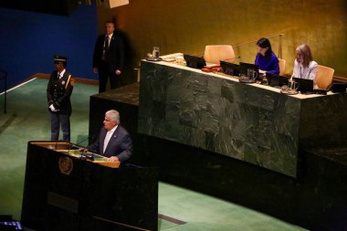 24 Eylül 2025, New York, ABD: Panama Başkanı Jose Raul Mulino Quintero, New York 'taki BM genel merkezinde gerçekleşen UNGA 80 Genel Kurul Toplantısında konuşma yaptı (niyi fote / thews2)