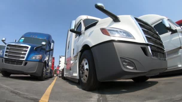 Låg Vinkel Medurs Panorering Skott Splitternya Freightliner Cascadia Semi Lastbilar — Stockvideo