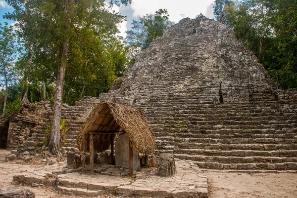 Jedním Působivých Kamenných Pyramid Coba Ruiny Starověkého Mayského Města Yucatán — Stock fotografie