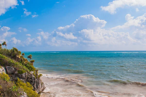 Vista Aérea Del Mar Caribe Tulum México Día Soleado Yucatán —  Fotos de Stock